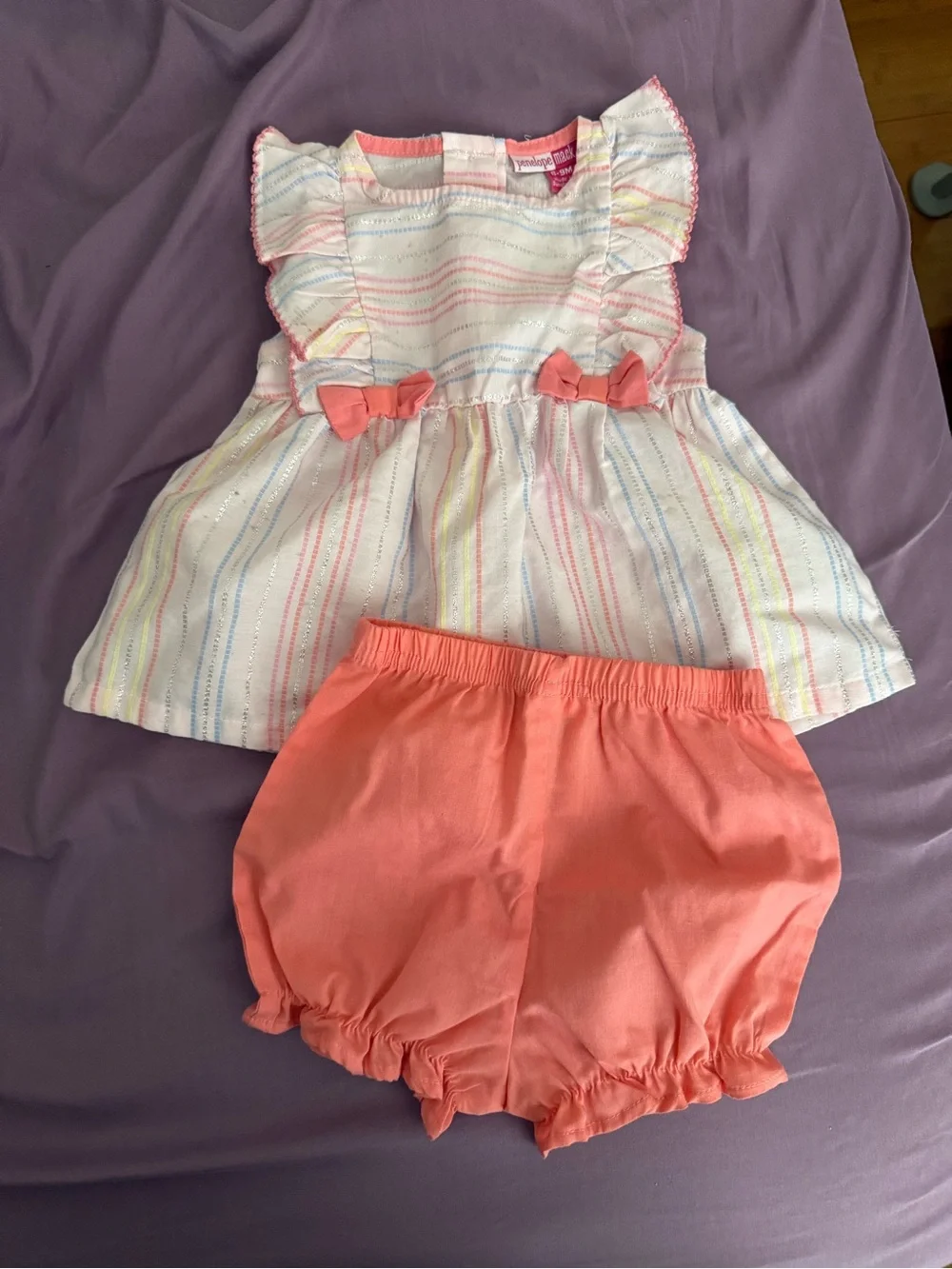 Girls Coral Stripe Ruffle Top & Coral Bloomers Matching Set